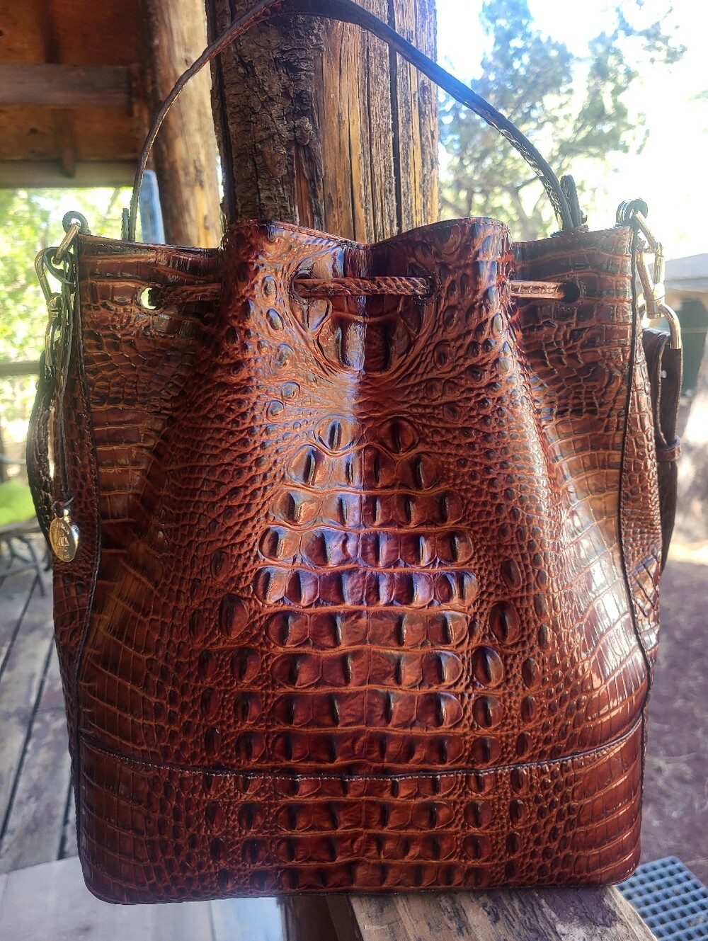 Brahmin Marlowe Melbourne Chestnut Croc-Embossed Drawstring Bucket Bag - Picture 4 of 16